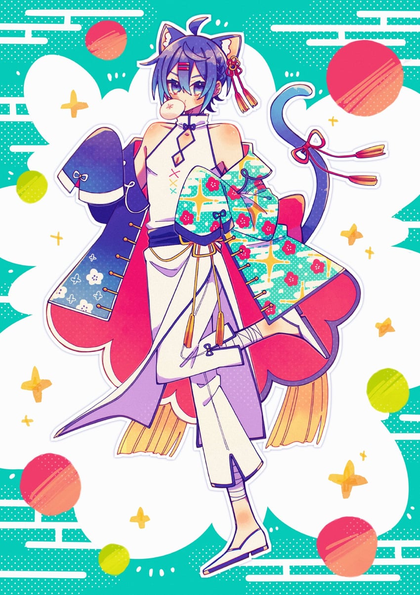 VOCALOID、KAITO 1名男孩 乳沟上方镂空 呆毛 兽耳毛 兽耳