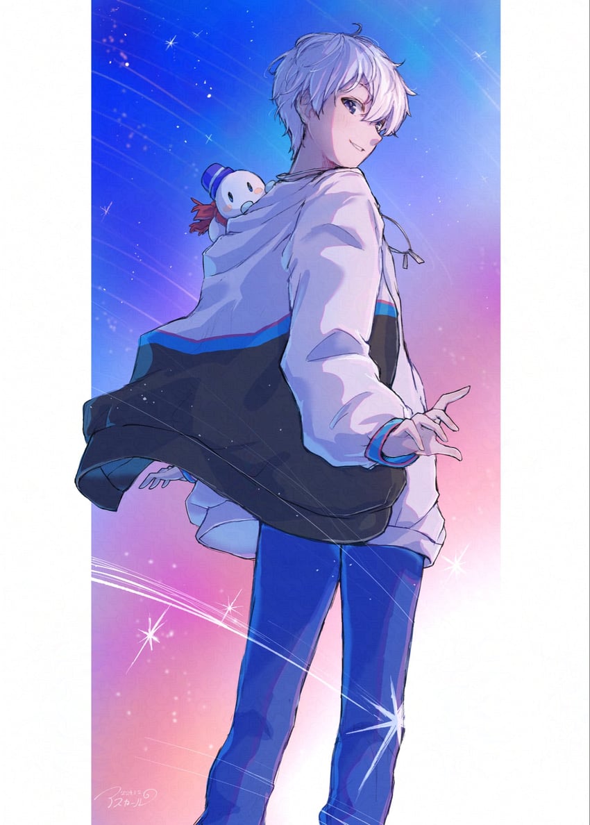 二次元插画 1名男孩 黑色夹克 蓝色裤子 脚部不在画面内 露齿而笑
