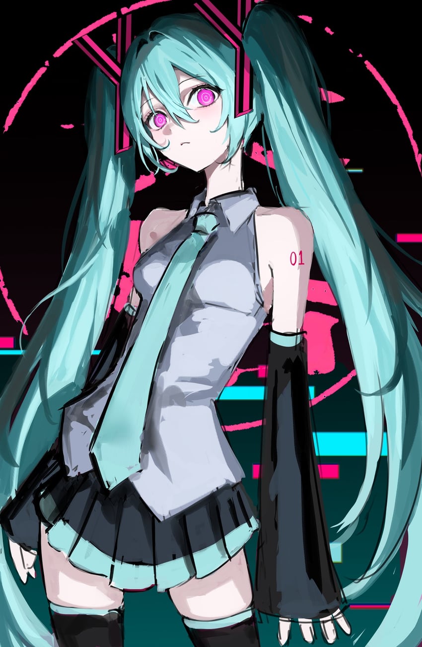 utahime shikkaku (vocaloid)、VOCALOID、初音未来 1名女孩 异色瞳 水色发 水蓝色领带 露肩