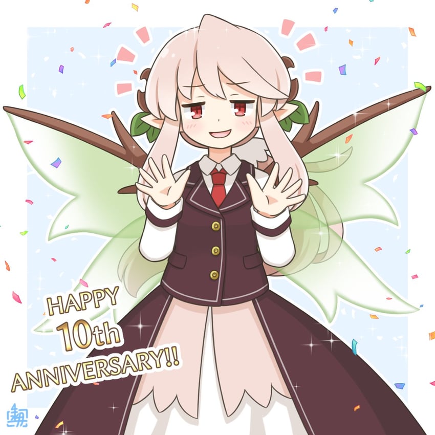原创、艾丝塔尼亚 1名女孩 周年纪念 作者标志 蓝色背景 蝴蝶结
