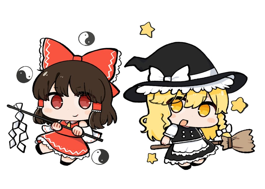 东方Project、博丽灵梦、雾雨魔理沙 2名女孩 围裙 阿斯科特领巾 黑帽子 黑色裙子