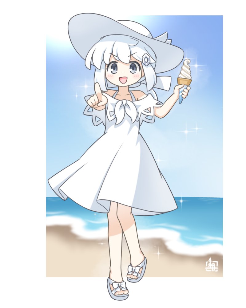 原创、露米里卡 (北川水月) 1名女孩 作者标志 海滩 蓝天 蝴蝶结