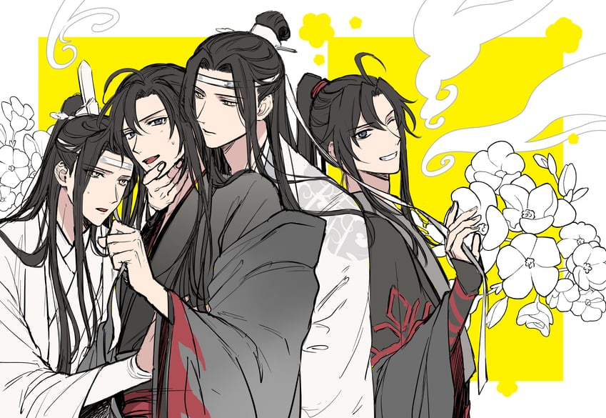 魔道祖师、蓝忘机、魏无羡 4个男孩 呆毛 美少年 黑发 黑色汉服