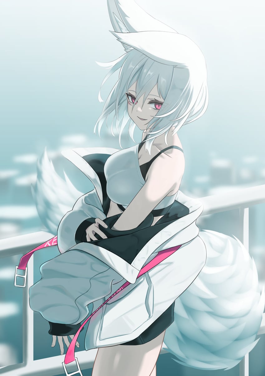 原创 1名女孩 兽耳毛 兽耳 黑色夹克 乳房