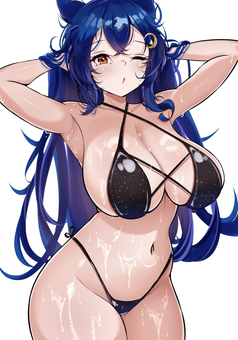 个人势虚拟主播、Vienna (第六套服装) (Vtuber)、Vienna (VTuber) 1名女孩 腋下 双手抱头 比基尼 黑色比基尼
