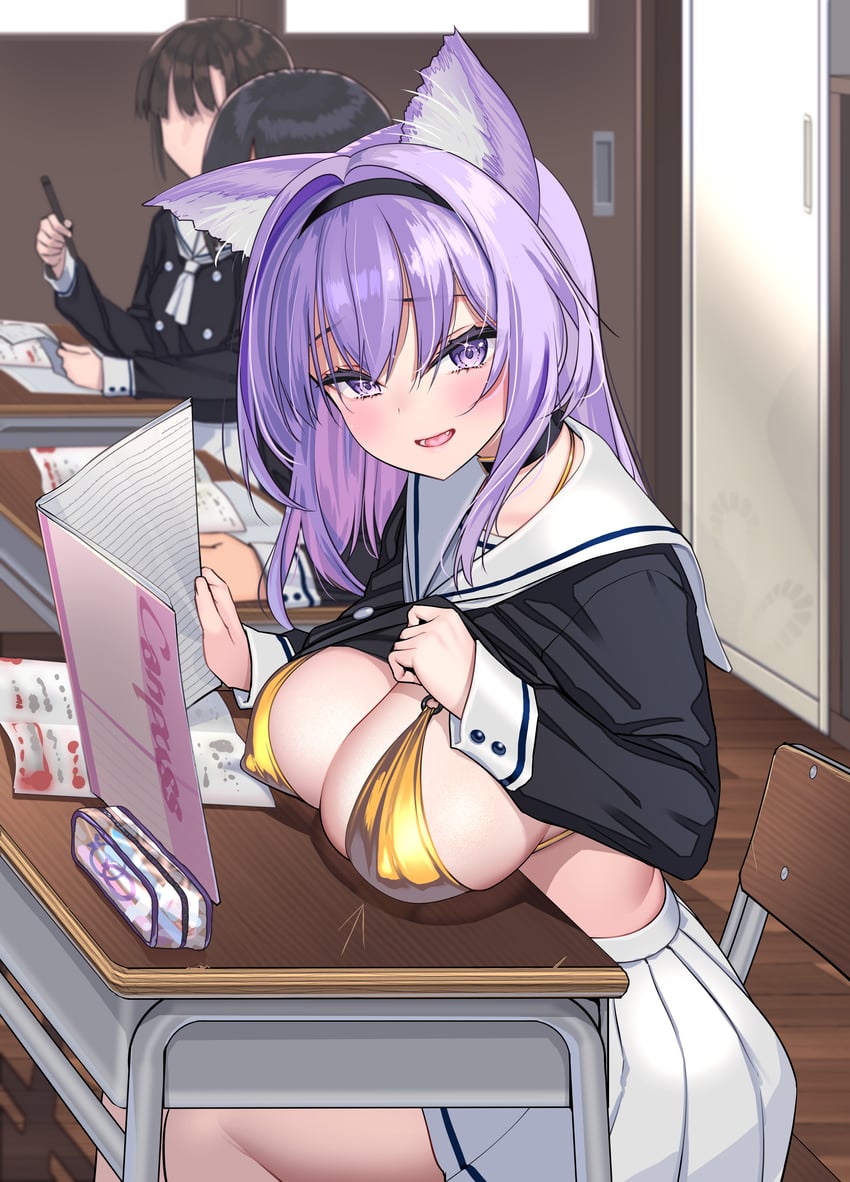 Hololive、猫又小粥、猫又小粥（校服） 1名男孩 2名女孩 兽耳毛 兽耳 比基尼