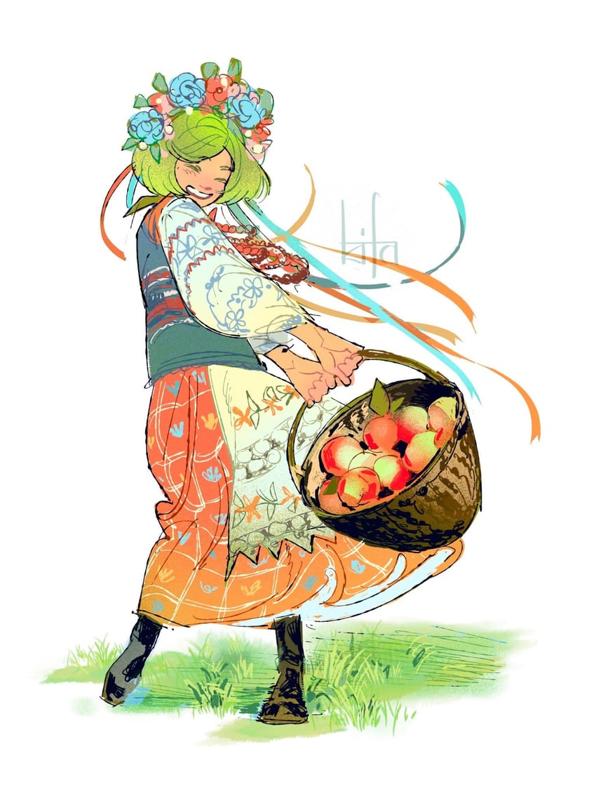 魔法帽的小工坊、可可 (魔法帽的工作室) 1名女孩 篮子 闭眼 食物 水果