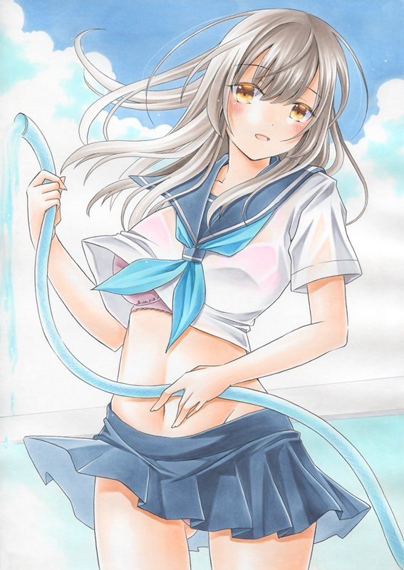 原创 1名女孩 大腿间可见臀部 蓝色领巾 蓝色水手领 蓝裙子