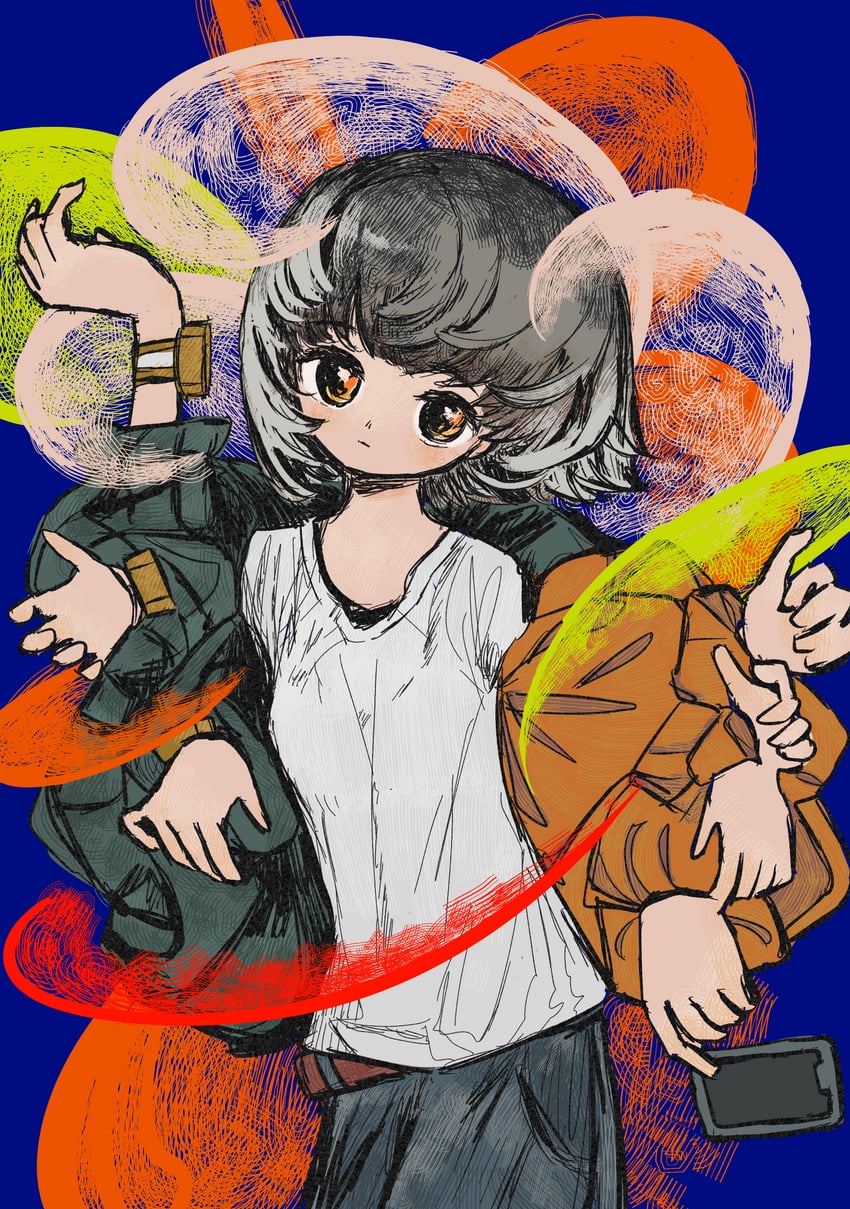 原创 1名女孩 额外手臂 灰发 手持 拿着手机
