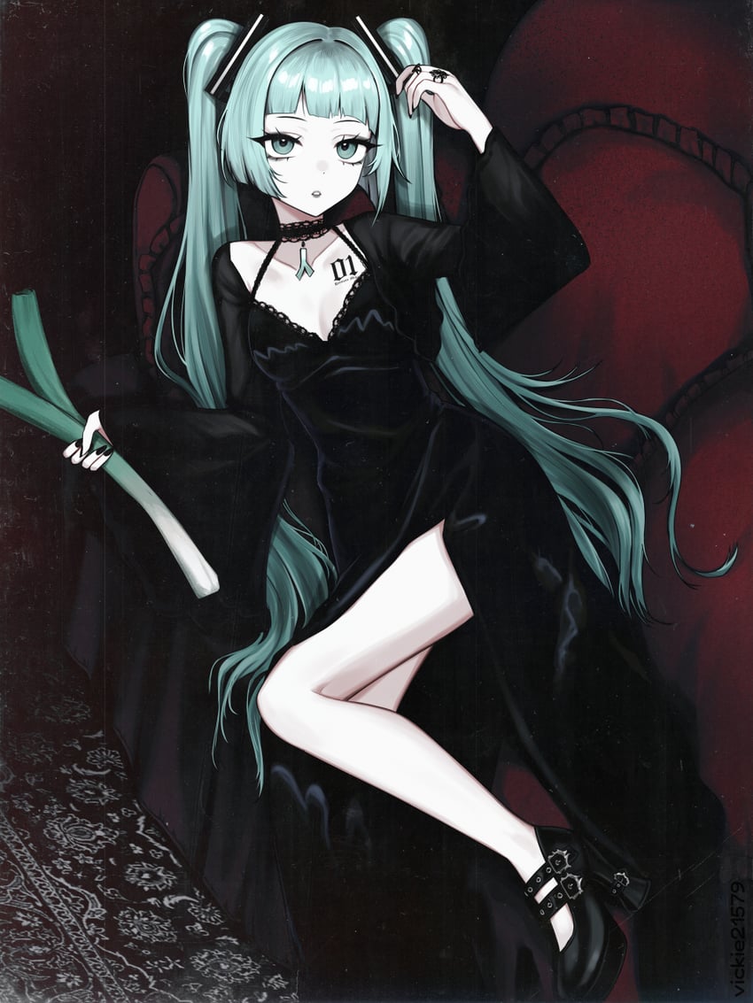 VOCALOID、初音未来 1名女孩 替换服装 水色瞳 水色发 黑色连衣裙