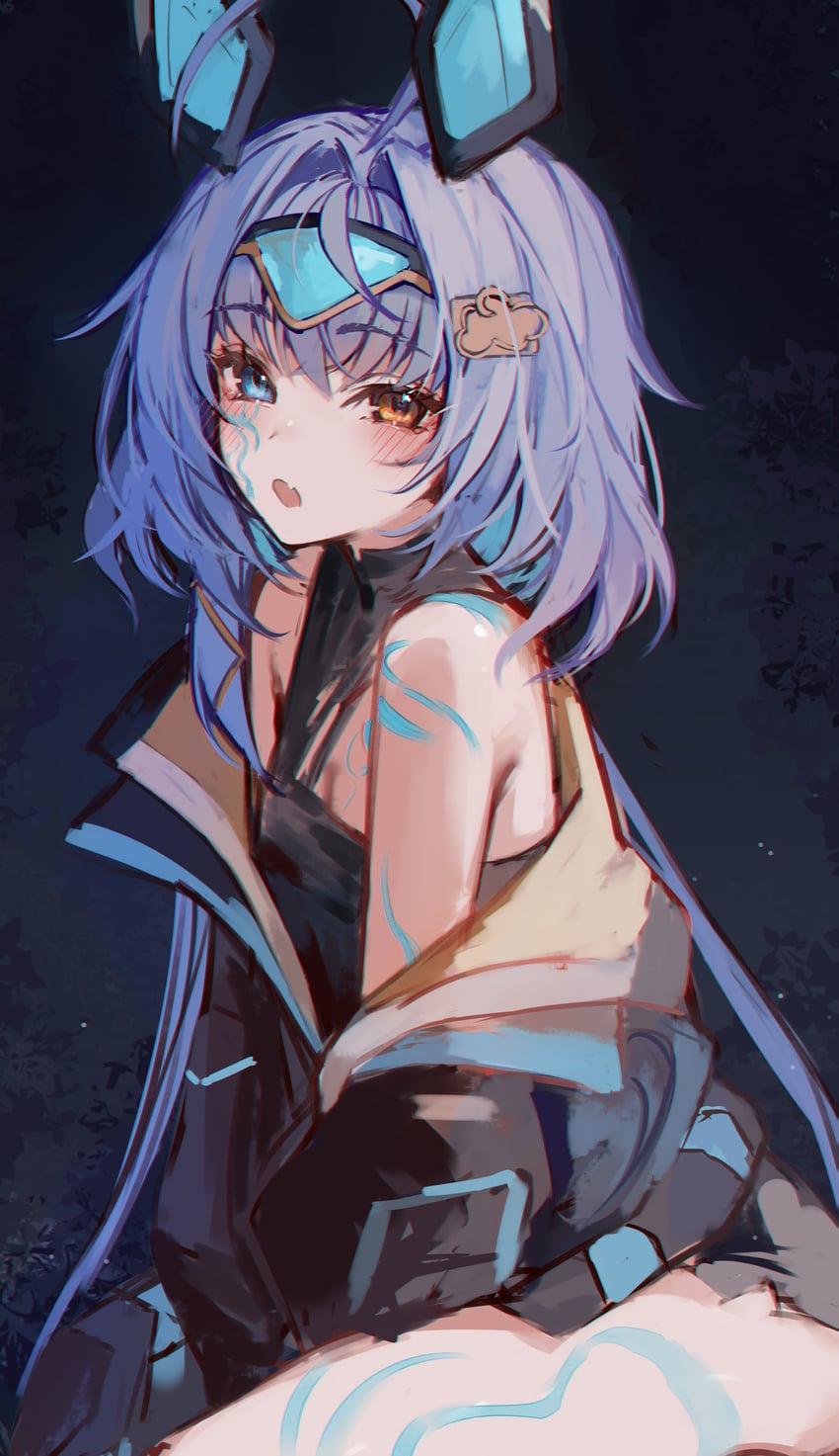个人势虚拟主播、沙由·同步、沙优·同步性（第一套服装） 露肩 蓝眼 蓝发 脸红 虎牙