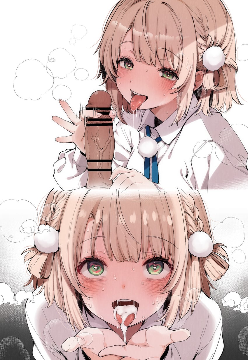 个人势虚拟主播、时雨羽衣 (第一套服装) (VTuber)、时雨羽衣(VTuber) 1名男孩 1名女孩 条状遮挡 脸红 辫子