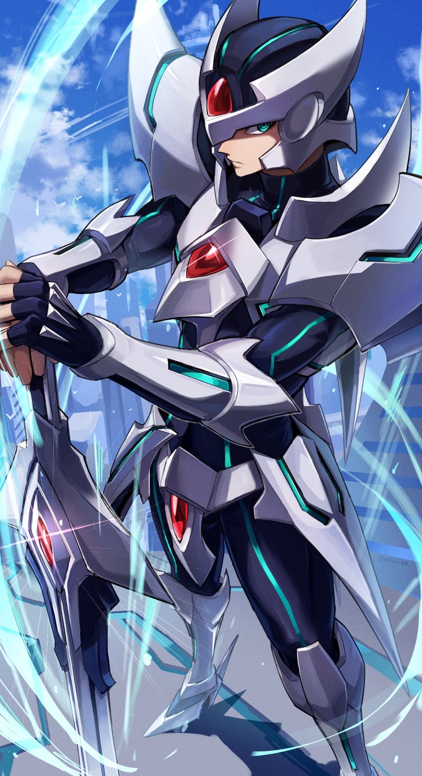 卡片战斗先导者、blaster blade 1名男孩 铠甲 黑色头盔 胸口宝石 脚部不在画面内