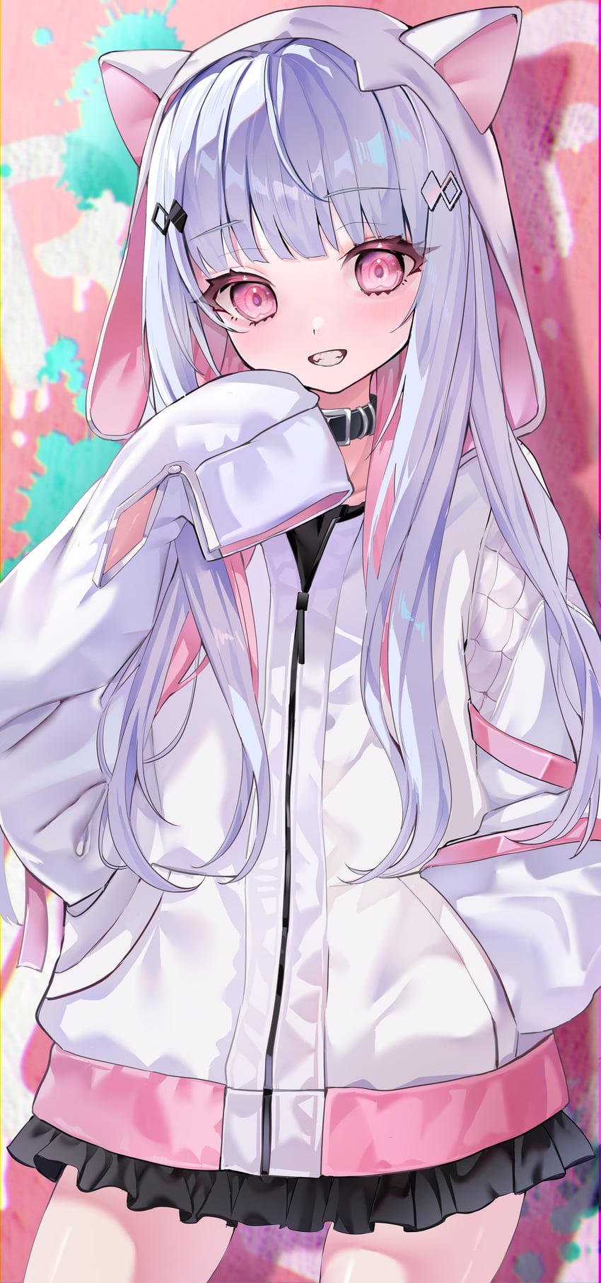 二次元插画 1名女孩 皮带项圈 黑领 黑色裙子 项圈