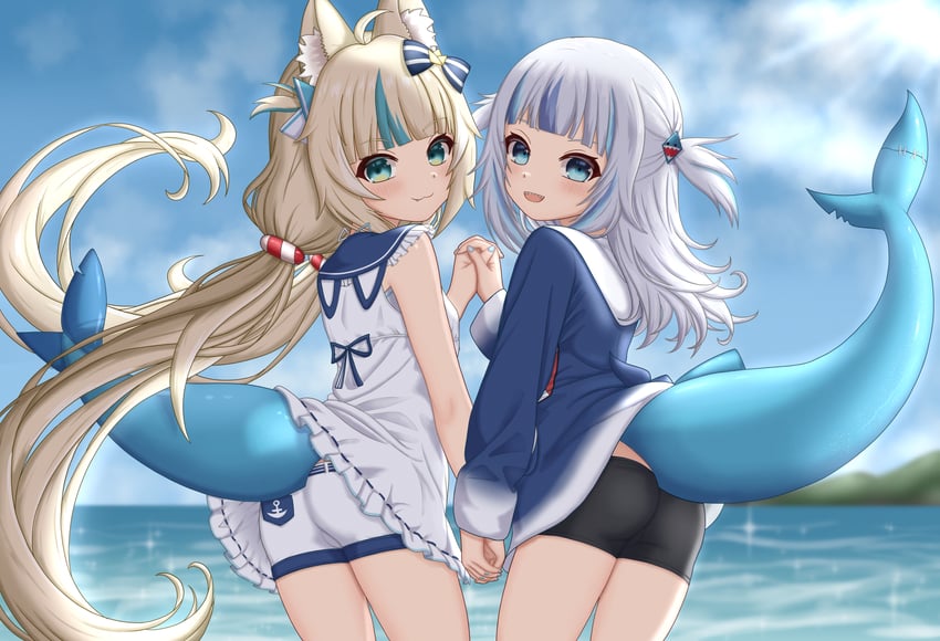 Hololive、Hololive英语、个人势虚拟主播 2名女孩 猫脸笑 呆毛 兽耳毛 兽耳