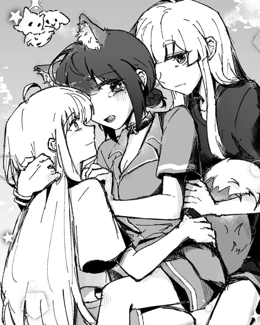 超辉夜姬!、辉夜 (超辉夜姬!)、留奈美八千代 3人女子 呆毛 兽耳毛 兽耳 脸红