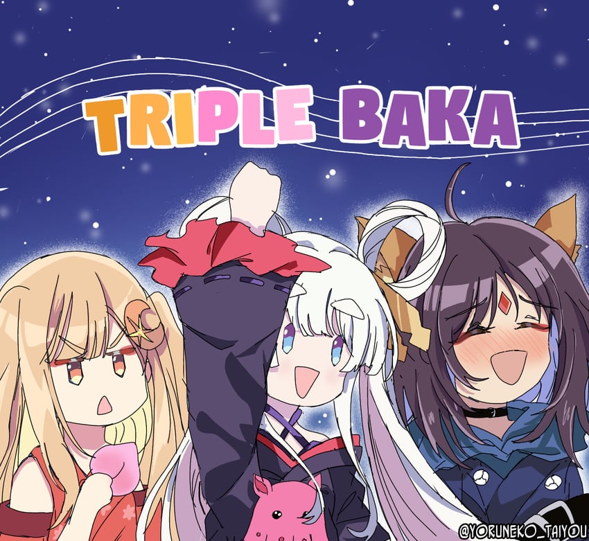 超辉夜姬!、三笨蛋 (Vocaloid)、辉夜 (超辉夜姬!) 3人女子 兽耳 举手 露肩 黑发
