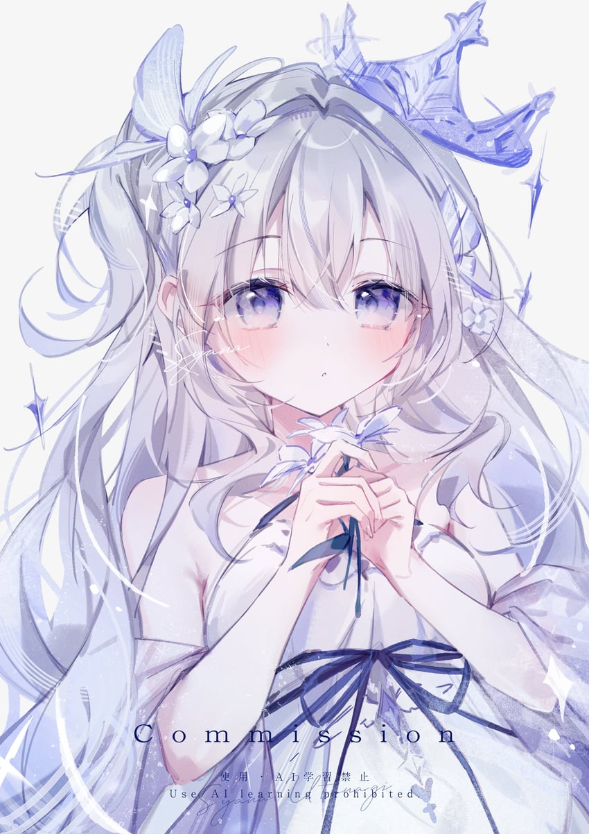 原创 1名女孩 露肩 蓝蝴蝶 蓝眼 蓝花