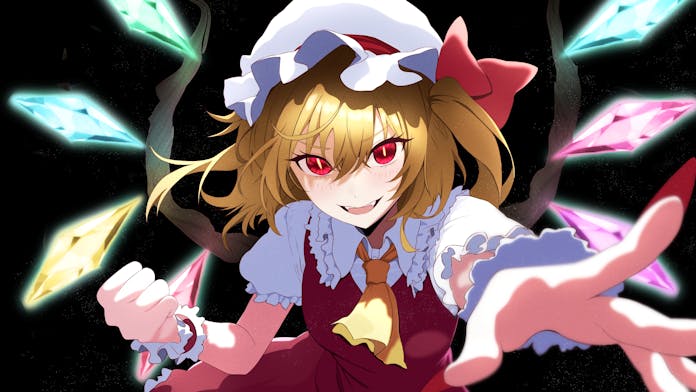 东方Project、芙兰朵露·斯卡蕾特 1名女孩 :D 阿斯科特领巾 黑色背景 紧握的手