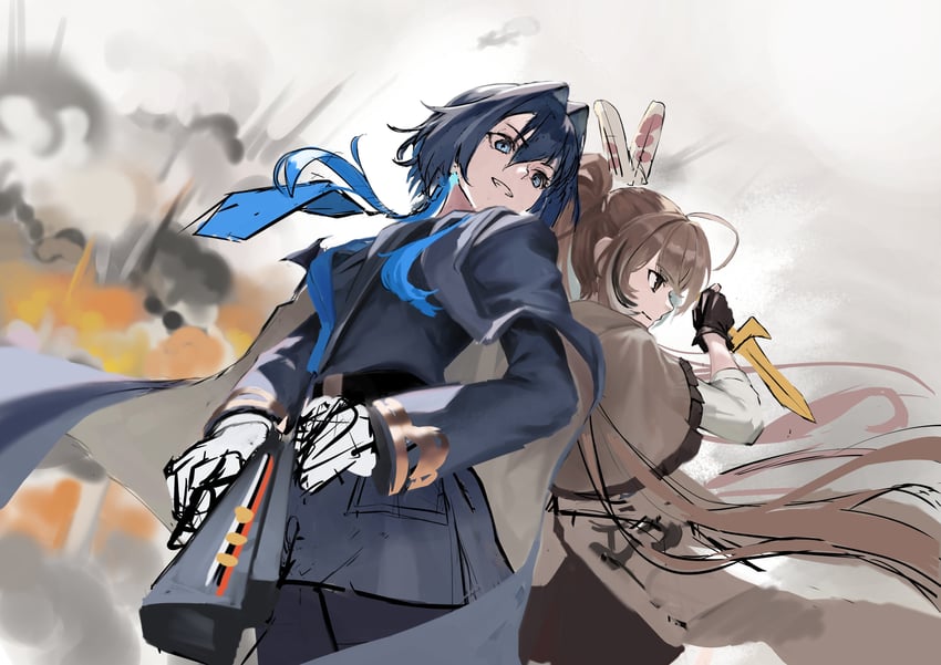 Hololive、Hololive英语、七诗无名 2名女孩 背靠背 黑色大衣 蓝眼 蓝发