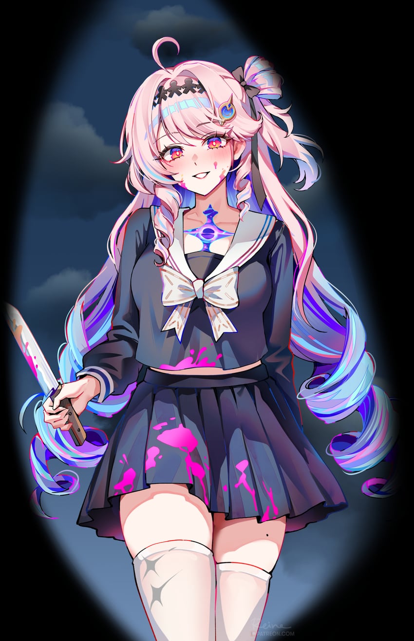 School Days、鸣潮、丹雅 (鸣潮) 1名女孩 1个其他角色 呆毛 替换服装 黑色蝴蝶结