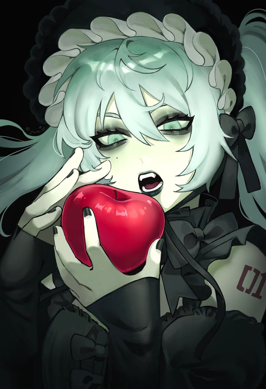 VOCALOID、初音未来 1名女孩 苹果 水色瞳 水色发 黑色蝴蝶结