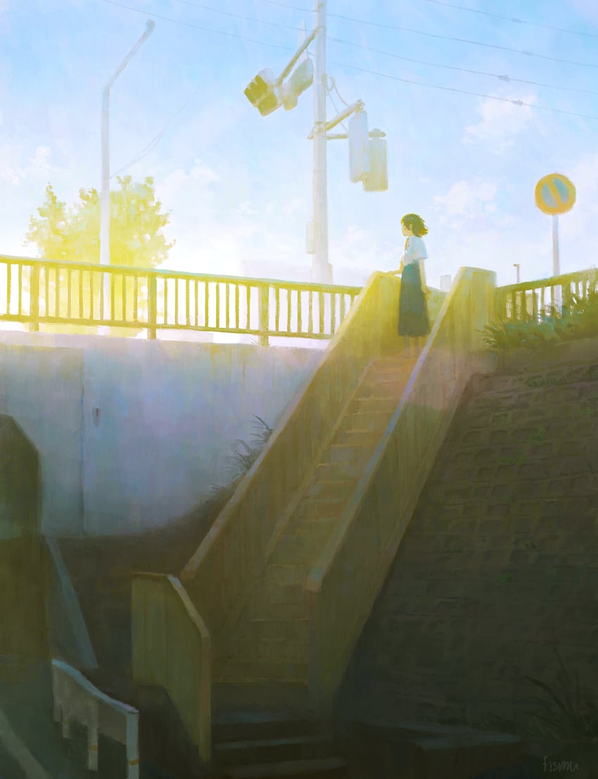 原创 1名女孩 草地 向侧面看 早晨 电线