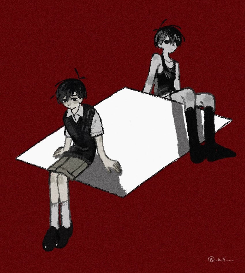 OMORI、Omori (OMORI)、Sunny (OMORI) 2名女孩 呆毛 黑瞳 黑发 黑鞋