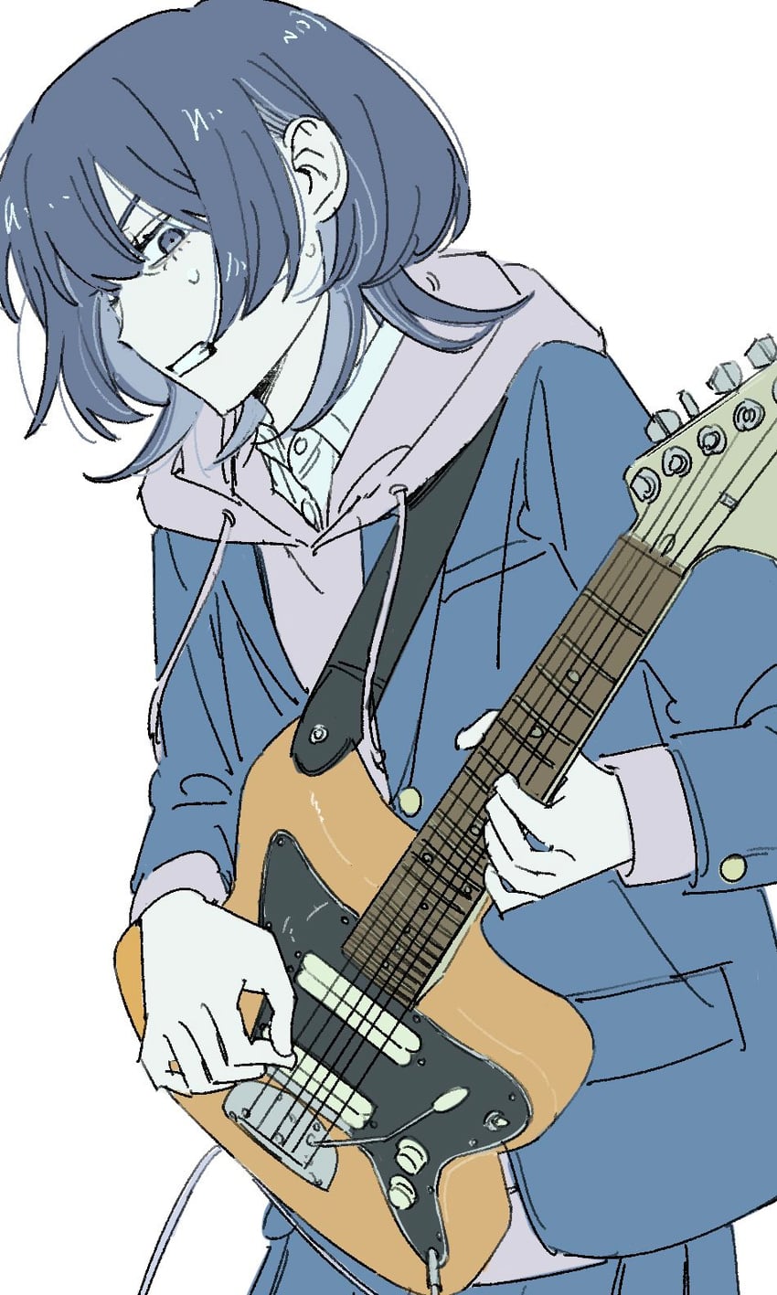 普通的轻音部、藤井彩芽 1名女孩 蓝色夹克 蓝裙子 电吉他 芬达 Jazzmaster