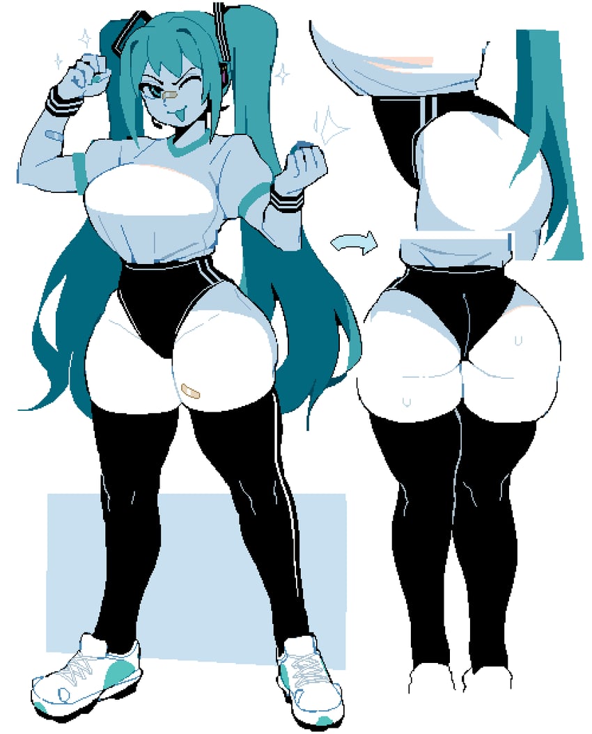 VOCALOID、初音未来 1名女孩 猫脸笑 不同的臀部大小 (更大) 异形乳量 (大) 黑色布鲁马/运动短裤
