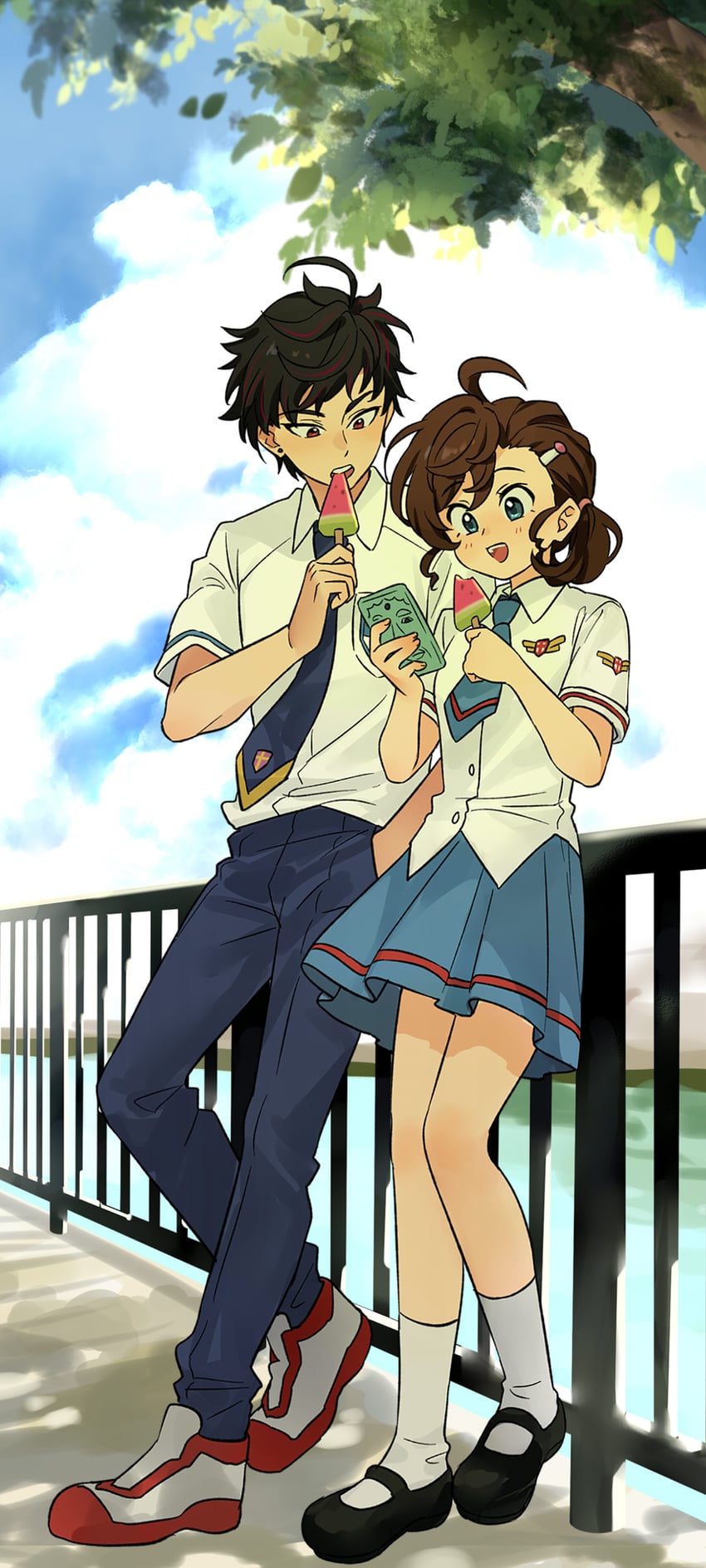 鬼太郎、犬山真奈、isurugi rei 1名男孩 1名女孩 靠在栏杆上 呆毛 黑发