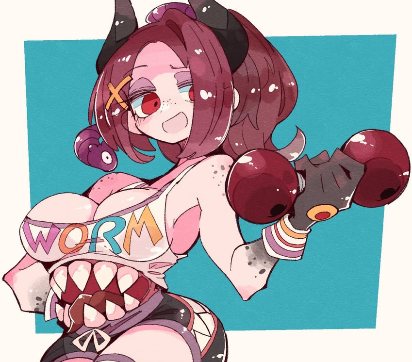 个人势虚拟主播、Giwi (VTuber) 1名女孩 黑色手部 黑角 黑色短裤 全身雀斑