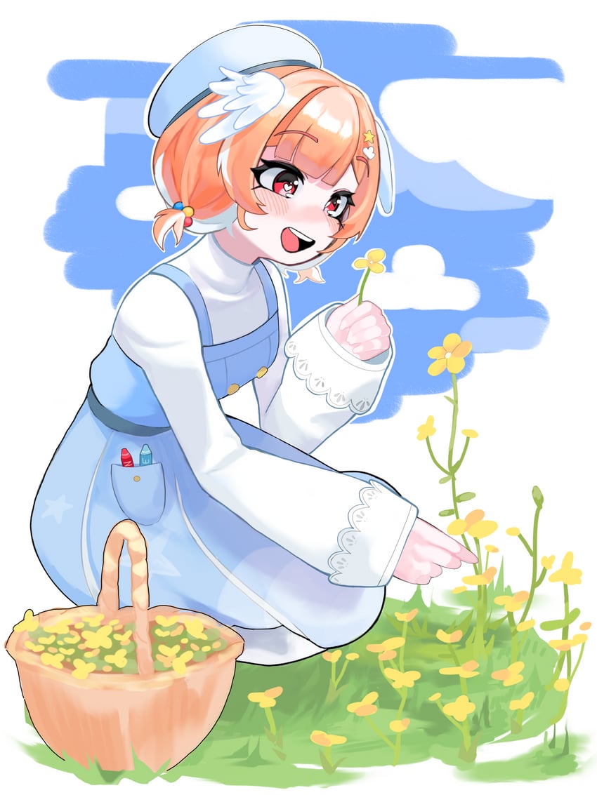 个人势虚拟主播、Pillowdear、pillowdear (school uniform) 1名女孩 篮子 贝雷帽 蓝色连衣裙 蓝帽子