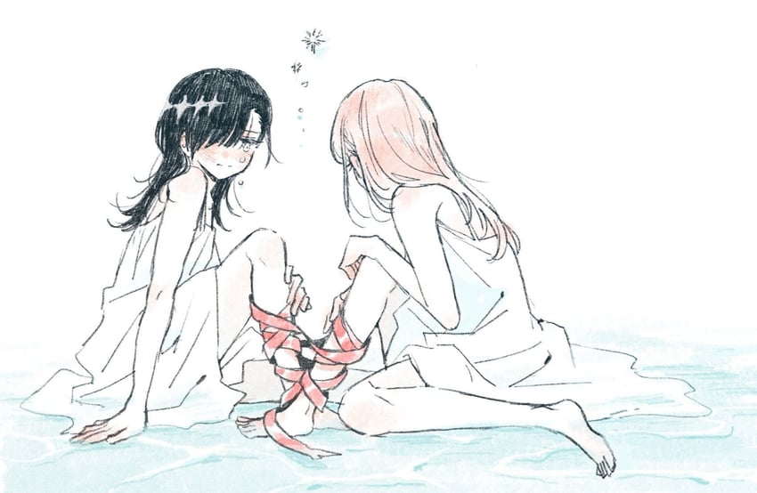 二次元插画 2名女孩 赤脚 黑发 脸红 闭嘴