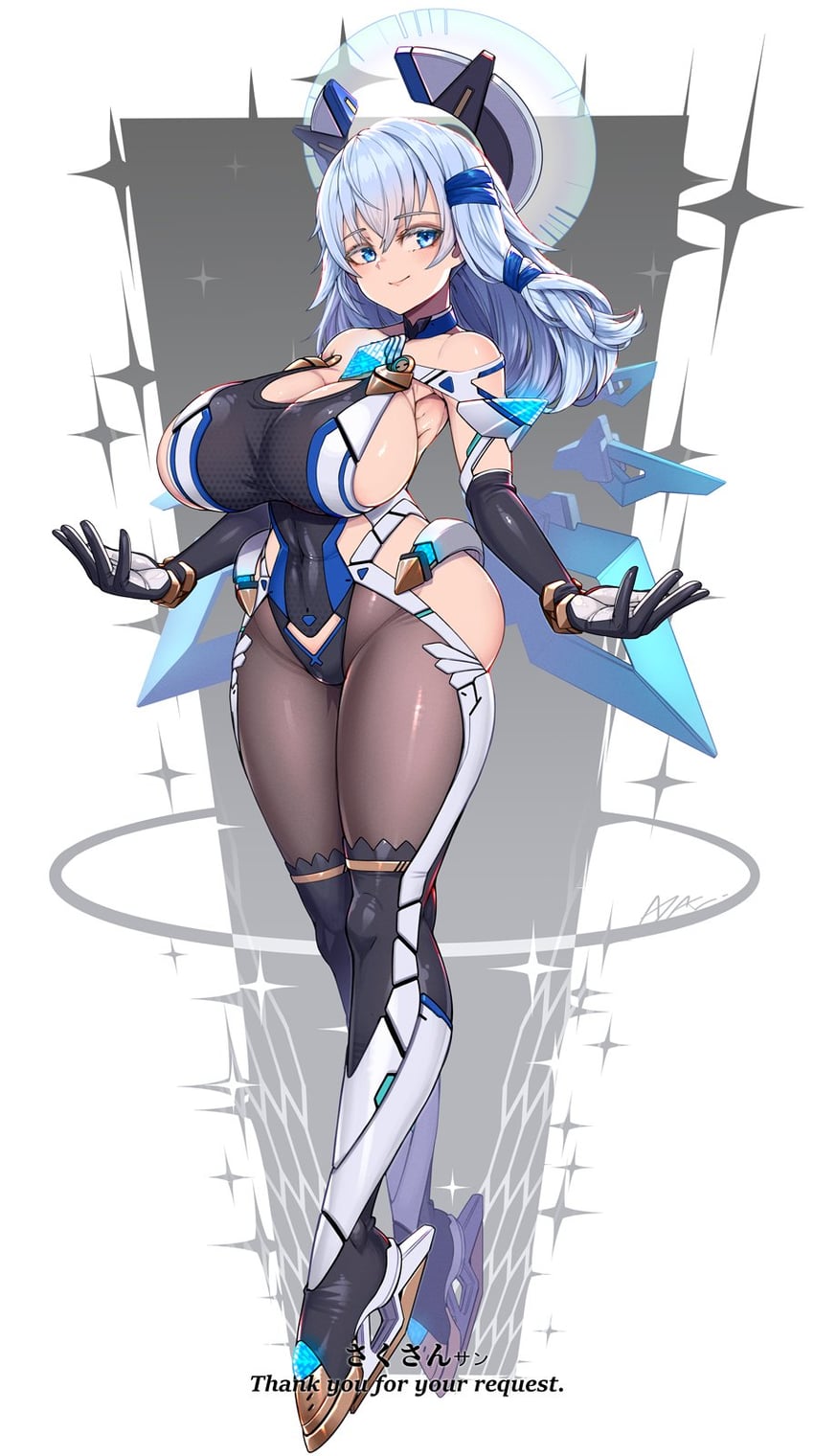 二次元插画 1名女孩 腋下 黑色手套 黑色紧身连体衣 蓝眼
