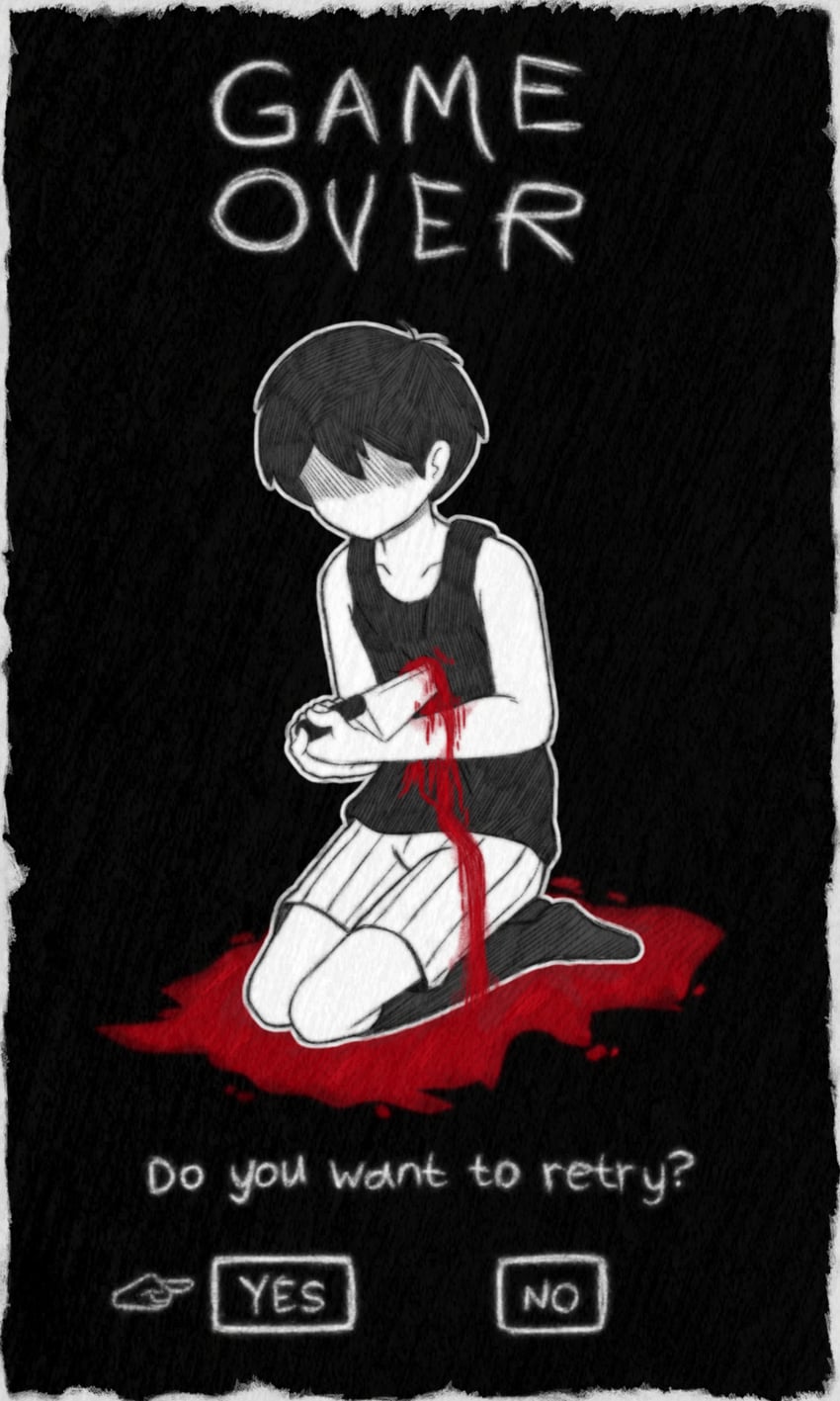 OMORI、Omori (OMORI) 1名男孩 呆毛 黑发 黑袜 黑色背心