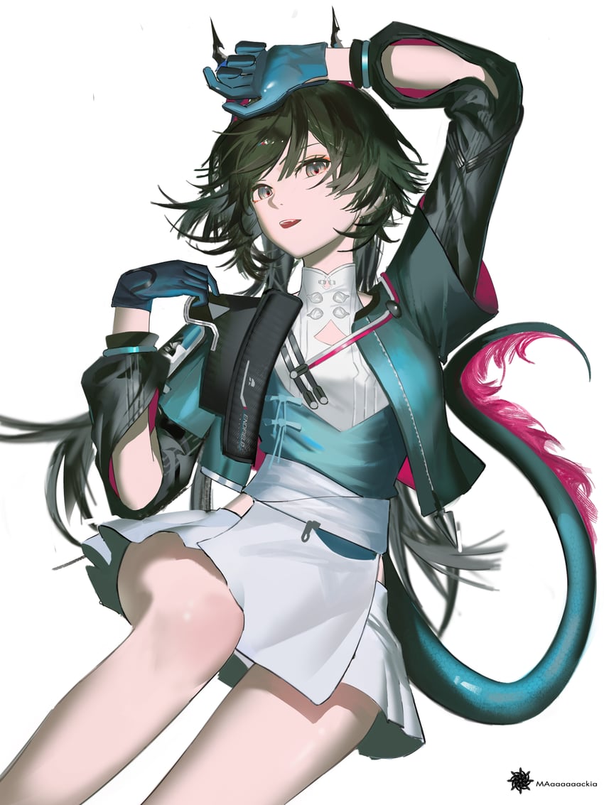 明日方舟、明日方舟：终末地、陈千语 (明日方舟) 1名女孩 水蓝色手套 作者名 黑发 黑色夹克