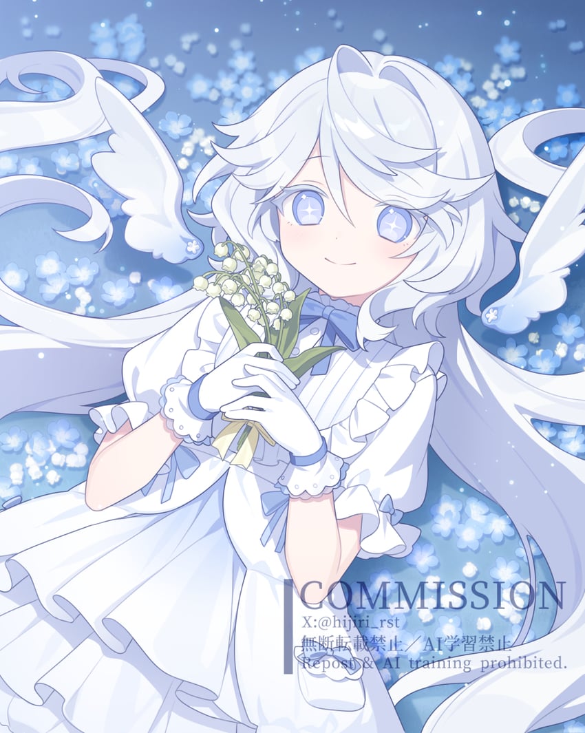 原创 1名女孩 蓝色蝴蝶结 蓝眼 蓝花 蝴蝶结