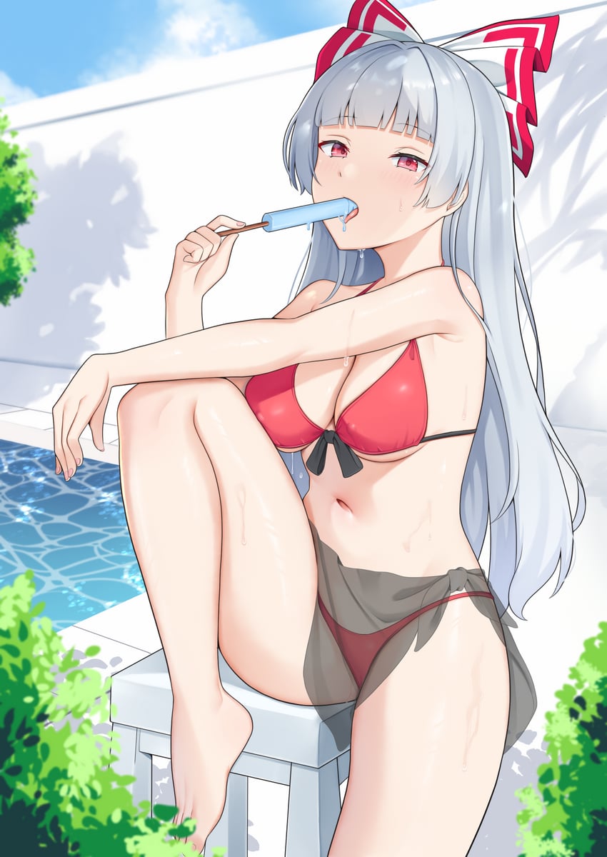 东方Project、藤原妹红 1名女孩 替换服装 赤脚 比基尼 蓝天