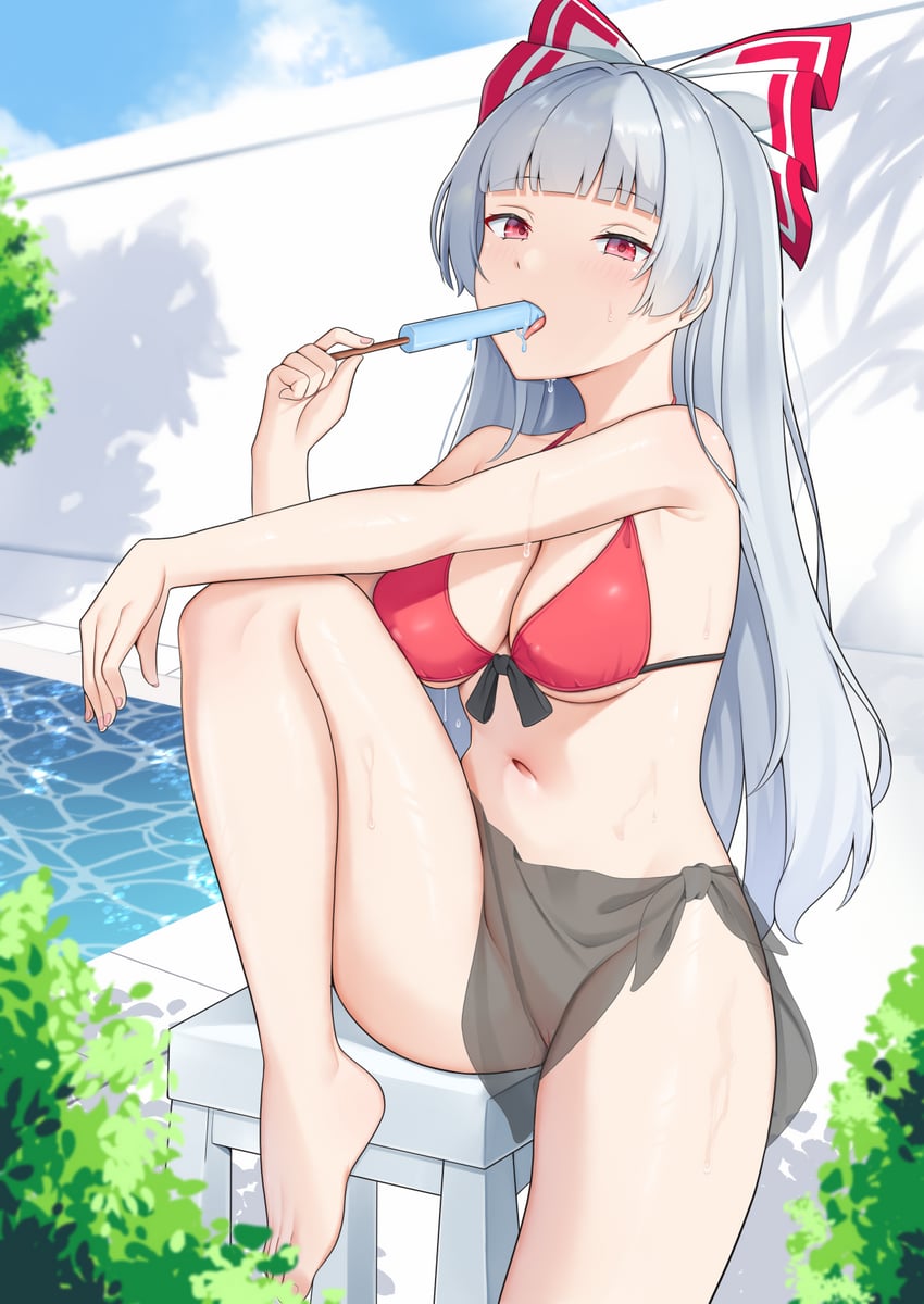 东方Project、藤原妹红 1名女孩 替换服装 赤脚 比基尼 只穿比基尼上衣