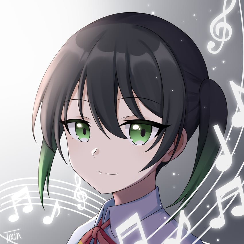 Love Live!、Love Live! 虹咲学园学园偶像同好会、高咲侑 1名女孩 连杠十六分音符 黑发 蝴蝶结 闭嘴