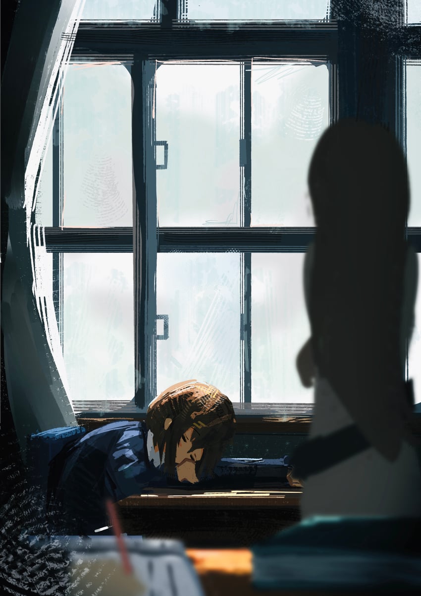 轻音少女、平泽唯 1名女孩 手臂枕头 棕发 教室 闭眼
