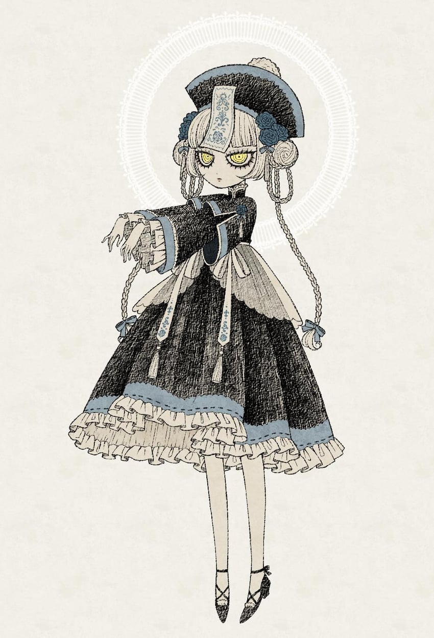 二次元插画 1名女孩 黑色连衣裙 黑凉鞋 蓝花 蓝玫瑰