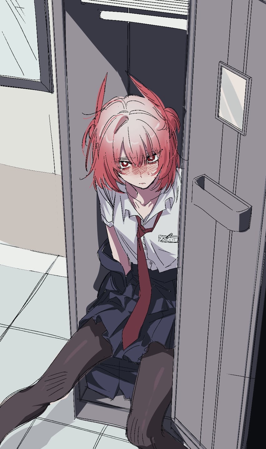 明日方舟、菲亚梅塔 (明日方舟) 1名女孩 替换服装 黑色连裤袜 黑色裙子 脸红