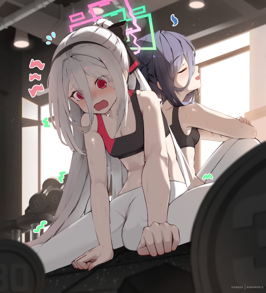 蔚蓝档案、天童爱丽丝 (碧蓝档案)、圭 (蔚蓝档案) 2名女孩 @_@ 背靠背 黑发 黑色发带