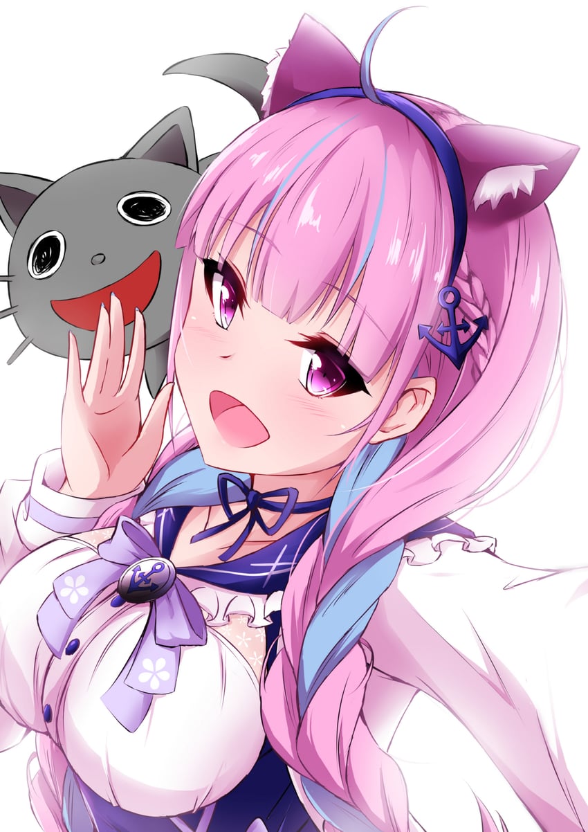 Hololive、凑阿库娅、凑阿库娅 (水手服) 1名女孩 呆毛 兽耳毛 兽耳 蓝裙子