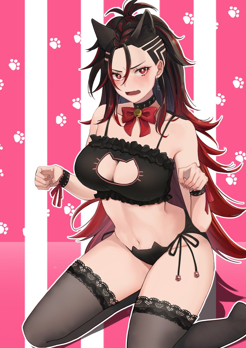 二次元插画 1名女孩 兽耳 铃铛 黑色文胸 黑色项圈