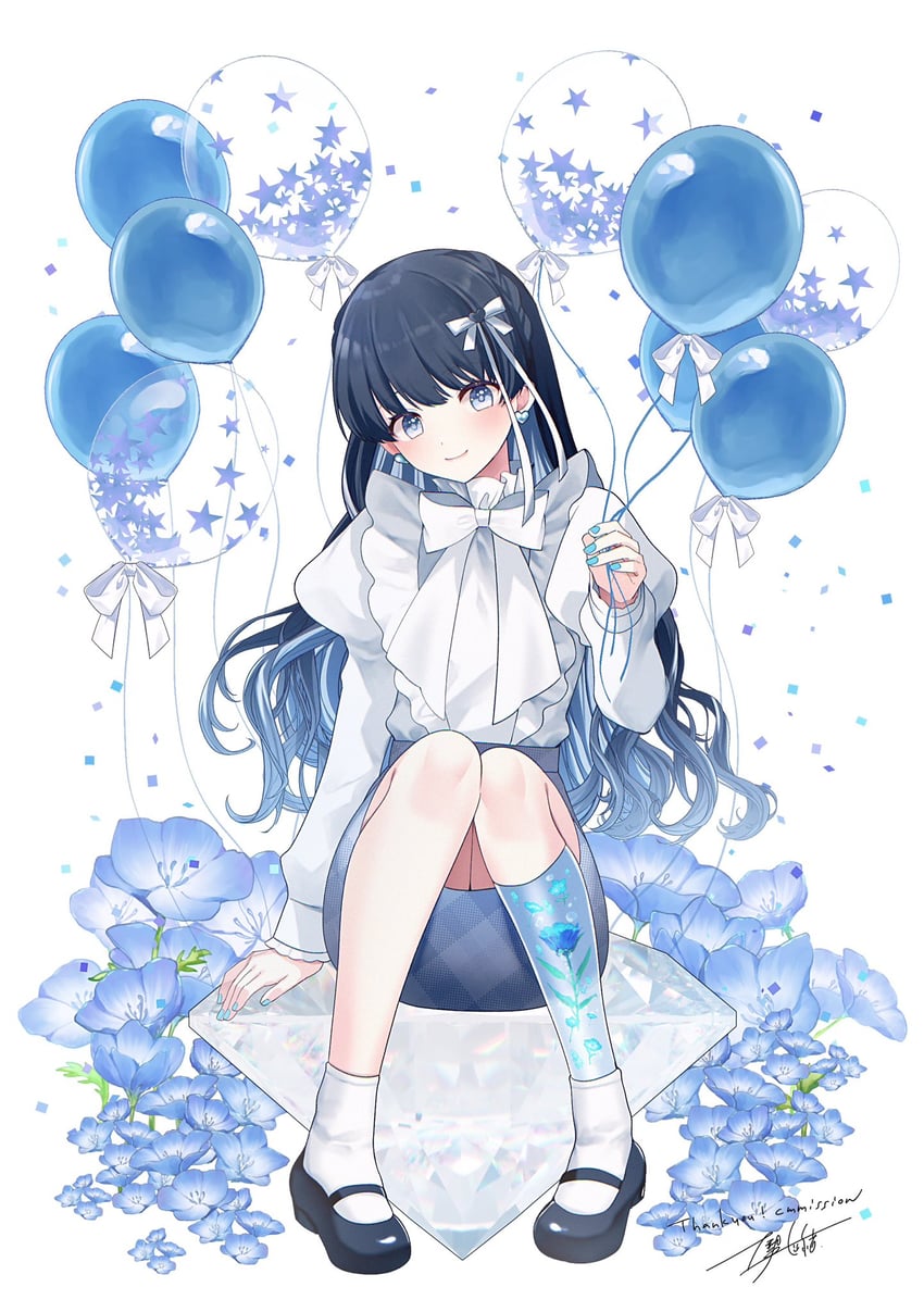 个人势虚拟主播、七海丽（VTuber） 1名女孩 气球 黑发 黑鞋 蓝眼