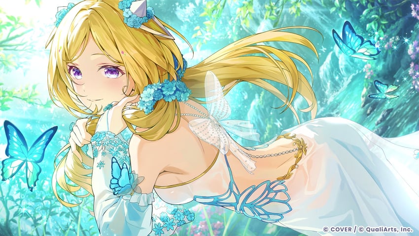 Hololive、Hololive Dreams、亚绮·罗森塔尔 1名女孩 露背 金发 蓝花 乳房