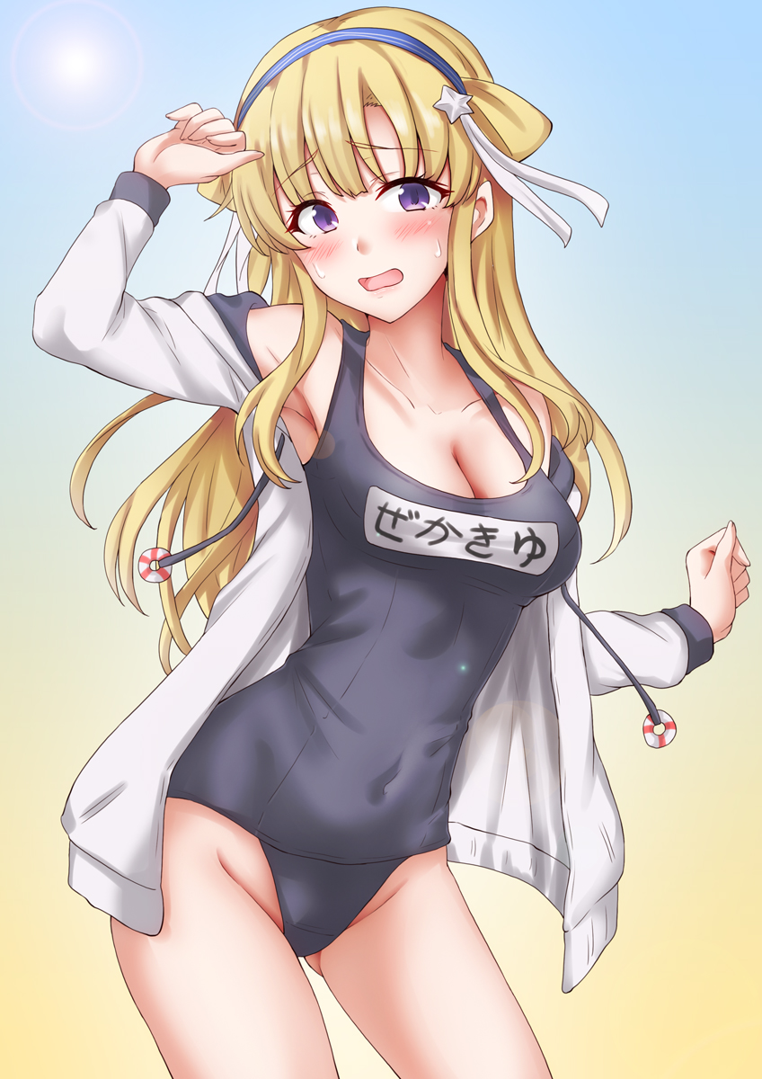 舰队Collection、弗莱彻 (舰队收藏) 1名女孩 大腿间可见臀部 金发 蓝色连体泳衣 脸红